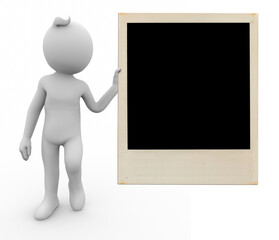 3D illustration of white 3d character with a polaroid photograph