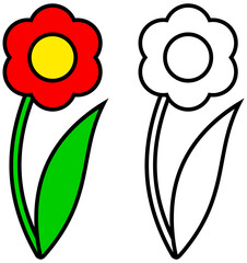 Flower coloring book. Colorful and black and white blossom. Colored and outline vector illustration isolated on white background.