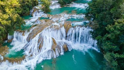 Agua Azul Waterfalls in Chiapas, Mexico. Aerial View - obrazy, fototapety, plakaty