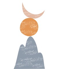 Boho balance poster with mountains, sun and moon. Abstract shapes with texture