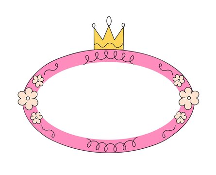 Princess mirror in shape of oval with crown and flowers. Vector doodle frame for girls