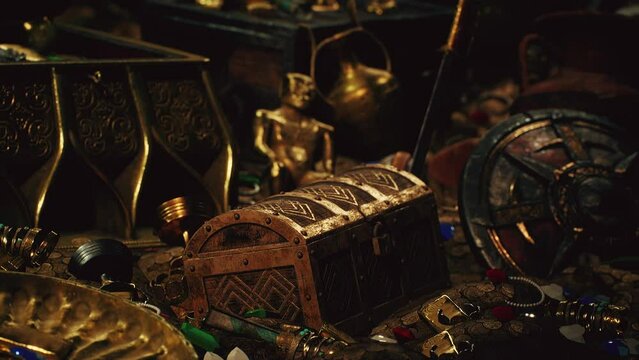 treasures in a dark cave with coins diamonds and gold