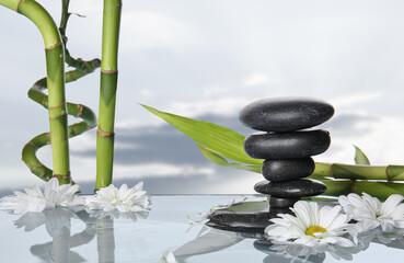 Spa stones, bamboo and flowers in water against cloudy sky