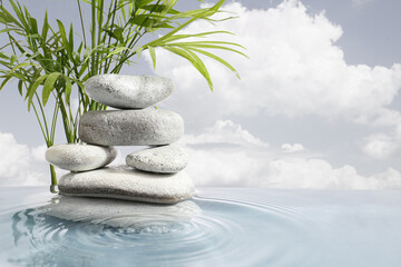 Fototapeta na wymiar Stack of zen stones and tropical branches in water against cloudy sky