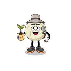 Illustration of volleyball cartoon holding a plant seed
