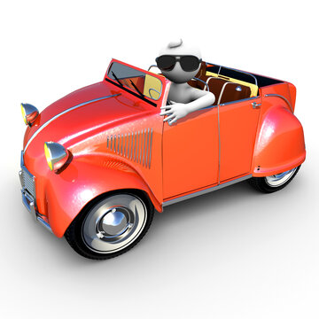 3D Illustration of white character sitting in a convertible car