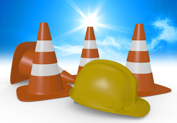 3D illsutration of isolated cones and work helmet - 497164178
