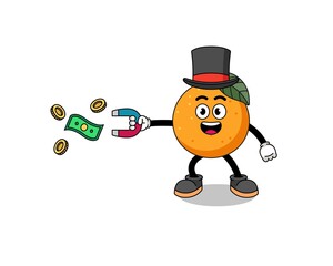 Character Illustration of orange fruit catching money with a magnet