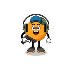 Character mascot of orange fruit doing shooting range