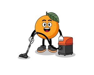 Character mascot of orange fruit holding vacuum cleaner