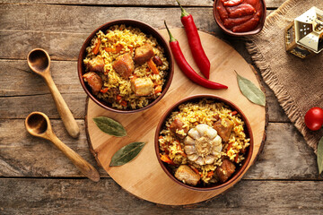 Bowls with tasty Asian pilaf on table