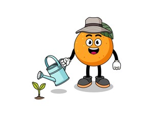 Illustration of orange fruit cartoon watering the plant