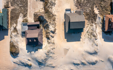 Aerial view top down of homes on the beach in Nags Head