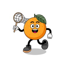 Cartoon of orange fruit catching a butterfly