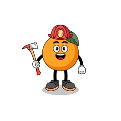 Cartoon mascot of orange fruit firefighter