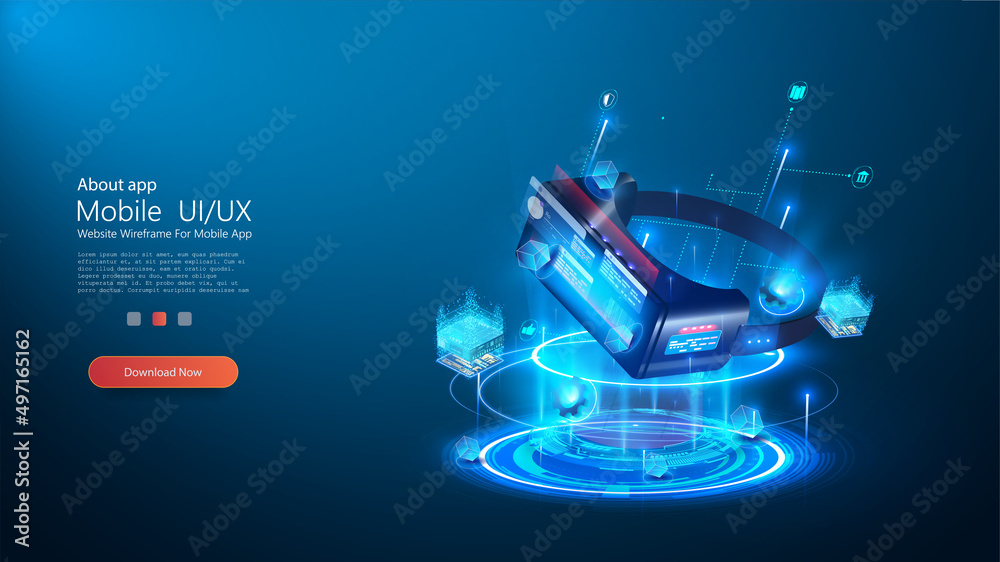 Aufkleber Metaverse concepts and blockchain technologies, futuristic technologies and augmented reality. Virtual reality headset and controllers for games. A headset or a virtual reality helmet.  Vector