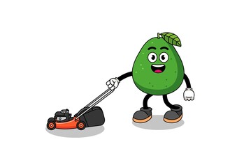 Naklejka premium avocado fruit illustration cartoon holding lawn mower