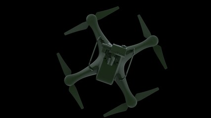 Powerful dark green drone loaded with some of most advanced imaging and flight technologies under black background. Concept image of video production, agriculture solution and public safety. 3D CG.