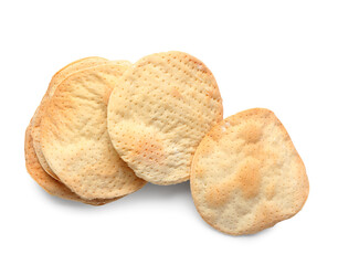 Round Jewish flatbread matza for Passover on white background