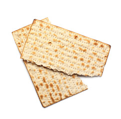 Torn Jewish flatbread matza for Passover on white background