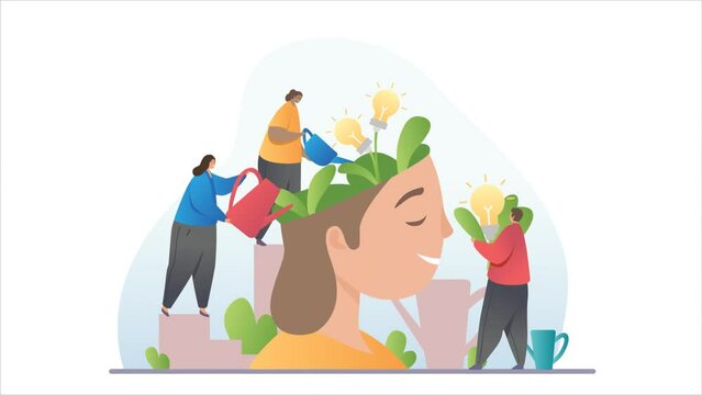 Positive thinking and Mental health video concept. Moving men and women water brain of girl with light bulbs and green leaves. Smiling character with creative ideas. Gradient graphic animated cartoon