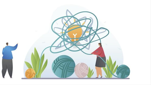 Confused people video concept. Moving man and woman unravel tangle of doubts or knots of rope, make decision and find idea. Problem solving and achieving goal. Gradient graphic animated cartoon