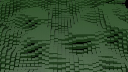 Fototapeta premium Abstract background with waves made of a lot of dark green cubes geometry primitive forms that goes up and down under black-white lighting. 3D illustration. 3D CG. High resolution.