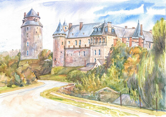 Châteaugiron Castle in France in the region of Brittany, the historical castle of the 15th century is painted in watercolor.
