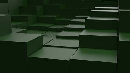 Abstract background with waves made of a lot of dark green cubes geometry primitive forms that goes up and down under black-white lighting. 3D illustration. 3D CG. High resolution.