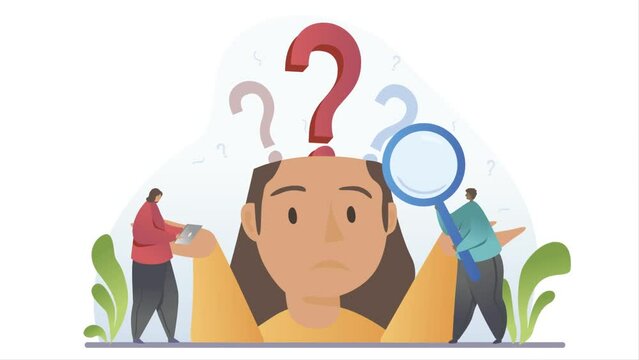 Confused people video concept. Moving upset woman with question marks in her head. Characters looking for answers or solutions to problems using magnifying glass. Gradient graphic animated cartoon