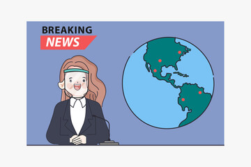 Doodle newscaster woman announcing news character. Cartoon hand drawn character.
