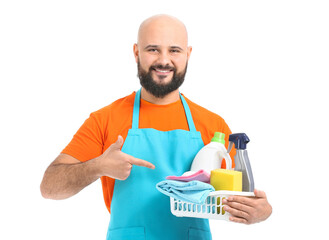 Bald man with cleaning supplies isolated on white