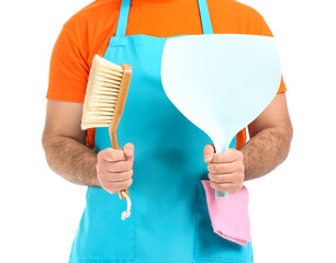 Man with brush and dustpan isolated on white, closeup