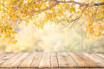 Empty wooden table with autumn for a catering or food background with a country outdoor...