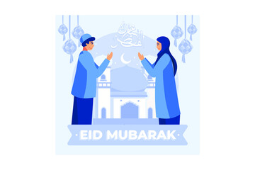 Muslim couple illustration for Eid Mubarak greetings, Happy Eid Al-fitr illustration for banner or website landing page