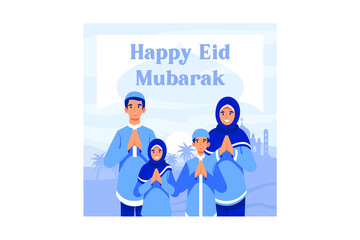 Muslim couple illustration for Eid Mubarak greetings, Happy Eid Al-fitr illustration for banner or website landing page