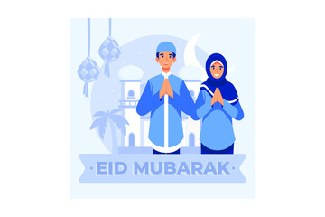 Muslim couple illustration for Eid Mubarak greetings, Happy Eid Al-fitr illustration for banner or website landing page