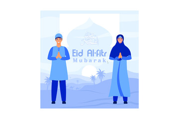 Muslim couple illustration for Eid Mubarak greetings, Happy Eid Al-fitr illustration for banner or website landing page