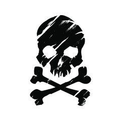 Fototapeta premium Skull with crossed bones icon illustration. Comic style. T-shirt print for Horror or Halloween. Hand drawing illustration isolated on black background. Vector EPS 10.