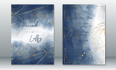 Wedding invitation card template blue background watercolor luxury with gold texture