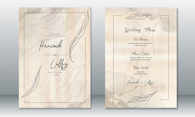Template wedding invitation card nature leaf design with old paper texture and watercolor background