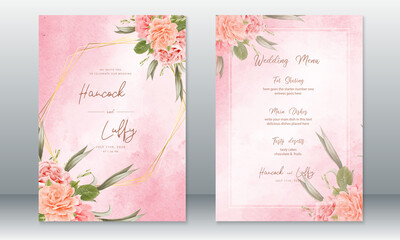 Luxury wedding invitation card template elegant of pink background with golden frame and rose bouquet