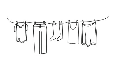 Continuous one line drawing of laundry hang on clothline. Vector illustration - obrazy, fototapety, plakaty