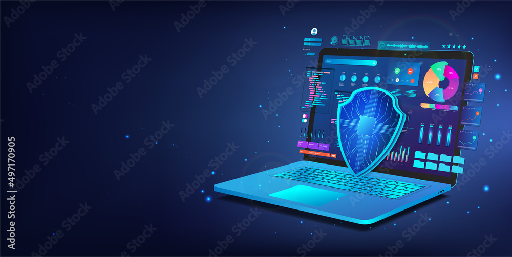 Poster blue laptop with personal data on displays and 3d shield. cyber security concept. 3d laptop and unde
