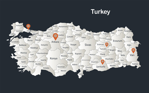 Turkey map, Infographics flat design colors snow white, with names of individual regions vector