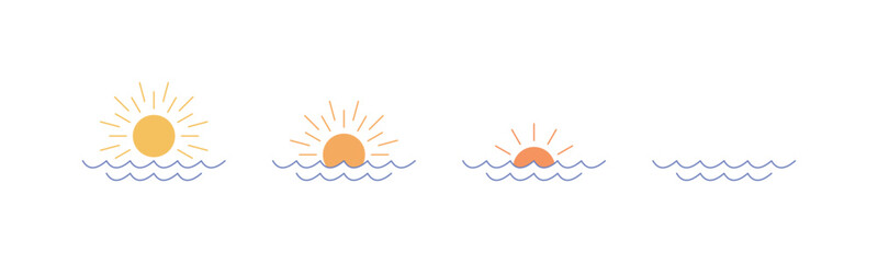 Wschód słońca, zachód słońca nad wodą. Promienie słoneczne nad horyzontem. Kolekcja ikon, elementy do logo, przycisków, guzików, do wykorzystania w aplikacjach mobilnych lub stronach internetowych.