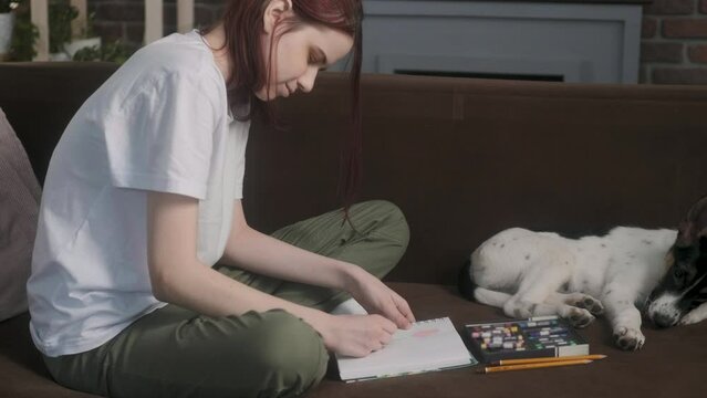Beautiful Caucasian artist girl is sitting on soft sofa in cozy home room and drawing with pencils in notebook. cute dog is lying nearby. Favorite hobby. creative person. young designer creates art