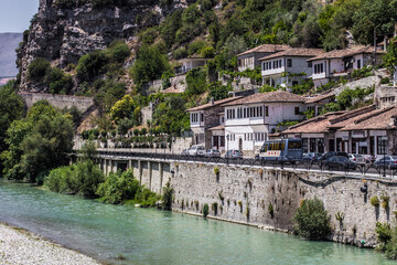 Fototapeta na wymiar Historical town Berat, ottoman architecture in Albania, Unesco World Heritage Site. Old stone houses in Berat, Albania