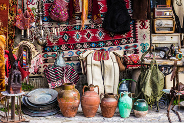 Kruja flea market, souvenirs market, albanian crafts shop, Kruja, Albania - obrazy, fototapety, plakaty