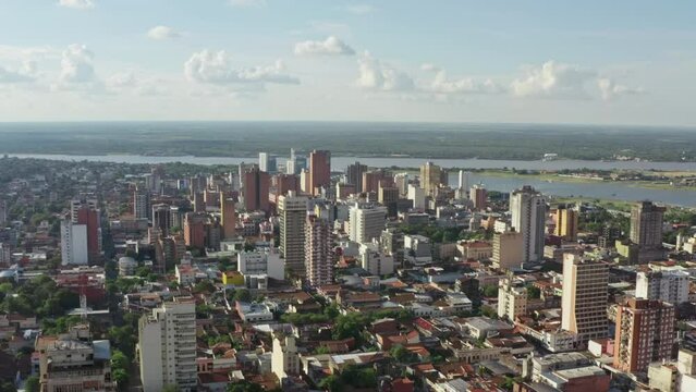 Aerial view Asuncion Paraguay. Cityscape with skyline and high-rise buildings in the center of the historic city with houses and streets.